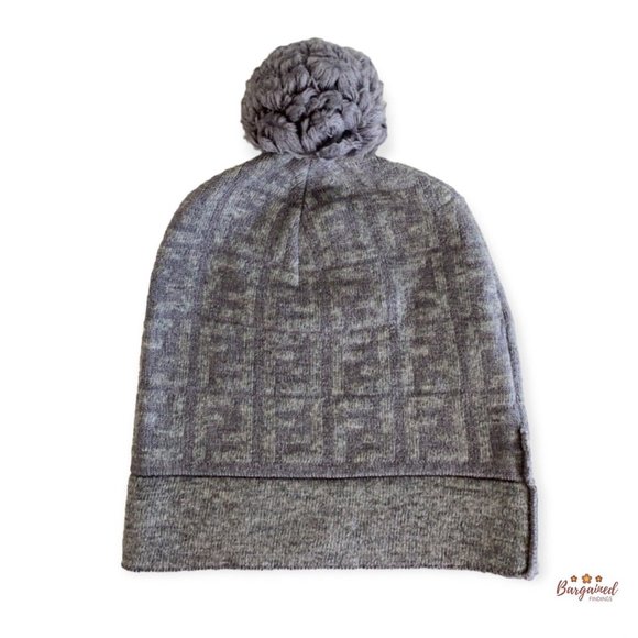 Authentic Fendi Bi-Colored Wool Gray/Light Gray Zucca Monogram PomPon Beanie Hat - Picture 9 of 12